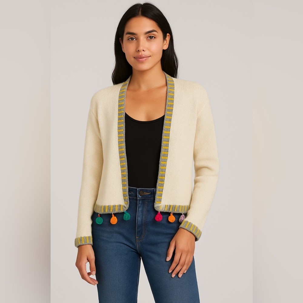 Calypso St Barth Ivory 100% Cashmere Poncho Open Cardigan with Pom Pom Hem Sz M